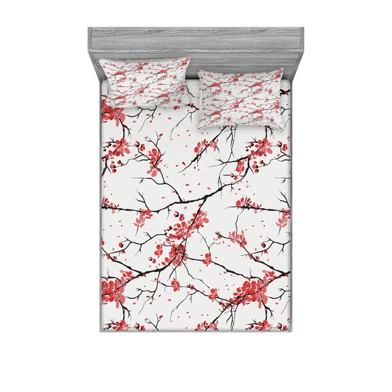 Ambesonne Flower Fitted Sheet & Pillow Sham Set, Windy April Weather, Queen, Coral Black