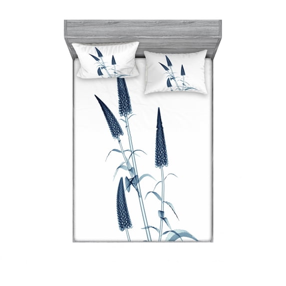 Ambesonne Flower Fitted Sheet & Pillow Sham Set, X-Ray View of a Blossom, Full, Teal White