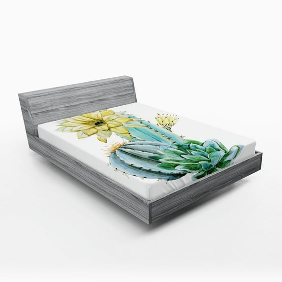 Ambesonne Flower Fitted Sheet, Plant Spikes Cactus, Full Size, Blue and White