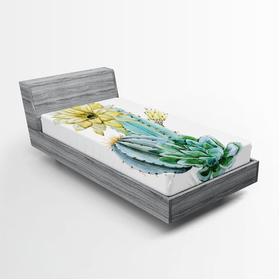 Ambesonne Flower Fitted Sheet, Plant Spikes Cactus, Twin XL Size, Blue and White