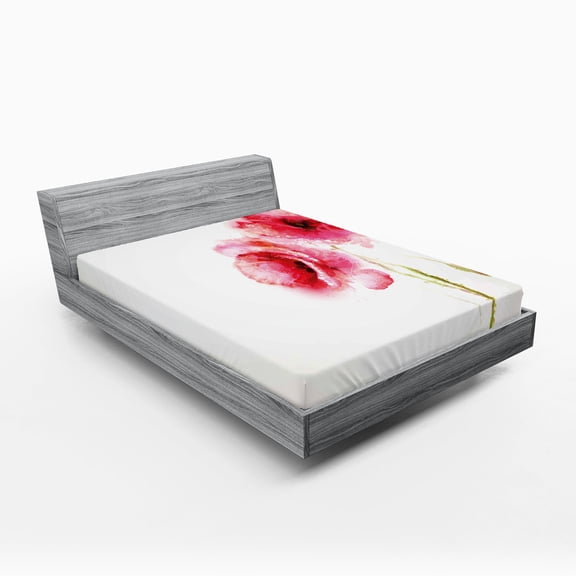 Ambesonne Flower Fitted Sheet, Red Poppies Vivid Spring, Full Size, Pale Green Hot Pink