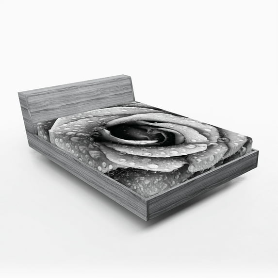 Ambesonne Flower Fitted Sheet, Retro Romance Rose Petal, Queen Size, Black and White