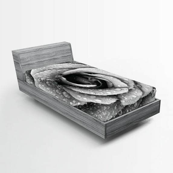 Ambesonne Flower Fitted Sheet, Retro Romance Rose Petal, Twin XL Size, Black and White