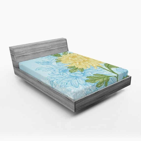 Ambesonne Flower Fitted Sheet, Romantic Chrysanthemum, Full Size, Pale Yellow Olive Green