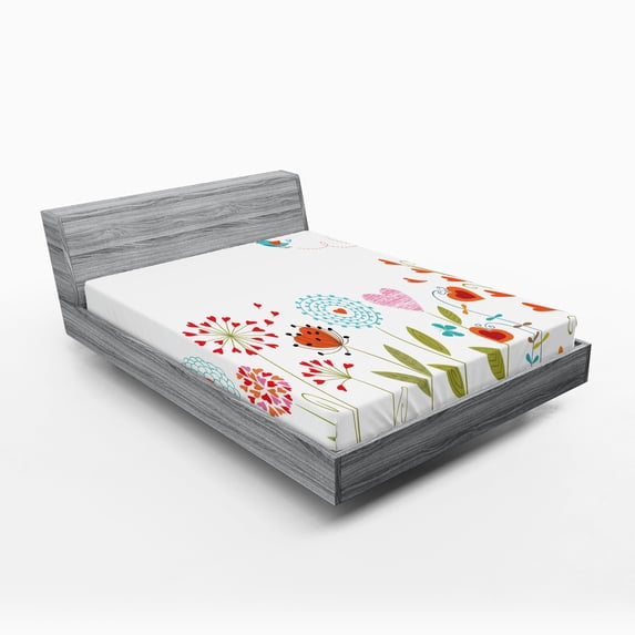 Ambesonne Flower Fitted Sheet, Romantic Hearts Design, Queen Size, Multicolor