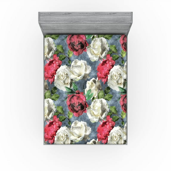 Ambesonne Flower Fitted Sheet, Romantic Roses Leaves Print, Queen Size, Blue Grey Dark Pink