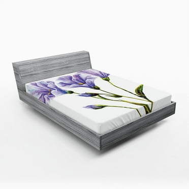 Ambesonne Flower Fitted Sheet, Romantic Summer, Queen Size, White Violet Green