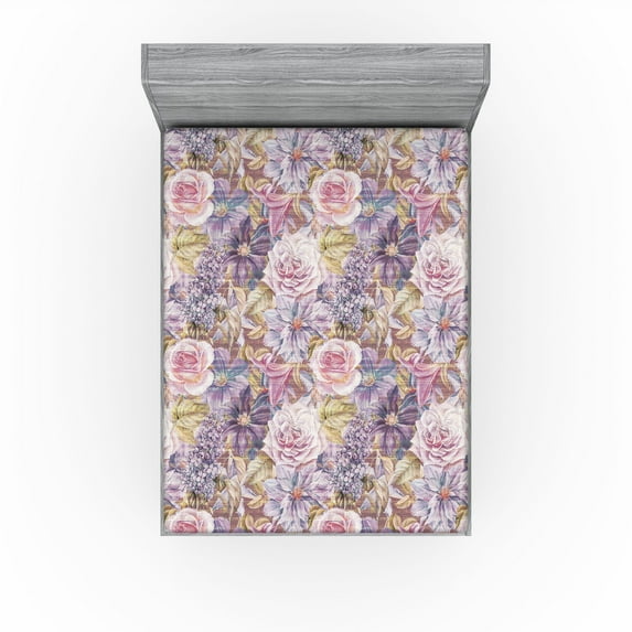 Ambesonne Flower Fitted Sheet, Roses Lilies Lilacs Print, Queen Size, Mauve Pale Pink and Khaki