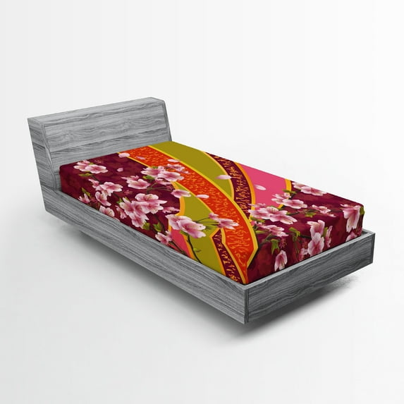 Ambesonne Flower Fitted Sheet, Sakura Blossom Japanese, Twin XL Size, Pale Pink Orange