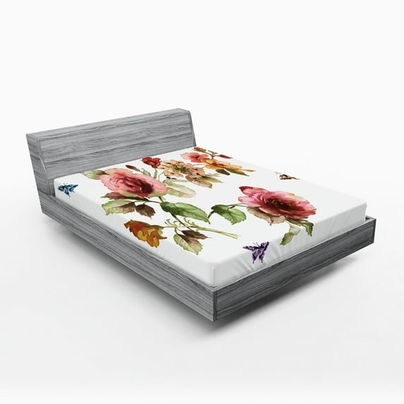 Ambesonne Flower Fitted Sheet, Shabby Plant Roses Buds, California King, Multicolor