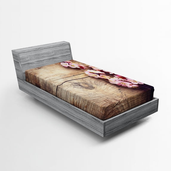 Ambesonne Flower Fitted Sheet, Spring Blossom on Wood, Twin XL Size, Pink Brown