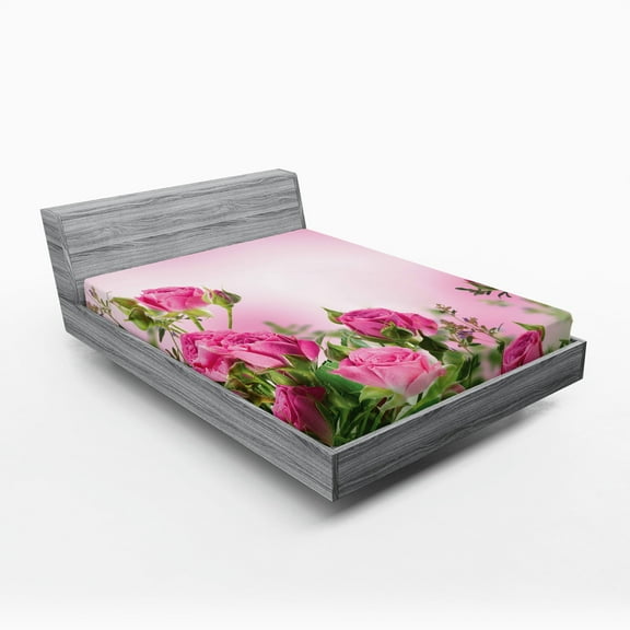 Ambesonne Flower Fitted Sheet, Spring Season Roses Buds, Queen Size, Pink and Green