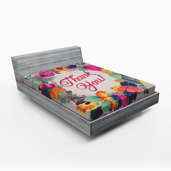 Ambesonne Flower Fitted Sheet, Thank You Words Ceramic, Queen Size, Multicolor
