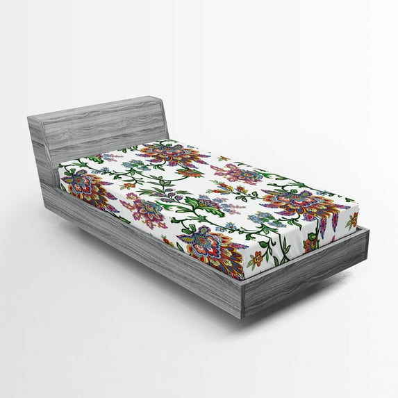 Ambesonne Flower Fitted Sheet, Vintage Floral Ornaments, Twin Size, Multicolor