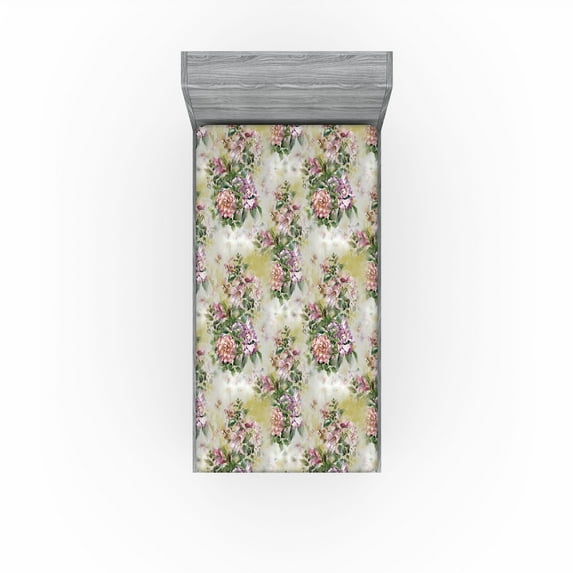 Ambesonne Flower Fitted Sheet, Vintage Retro Spring Lilies, Twin Size, Khaki Pink and Olive Green