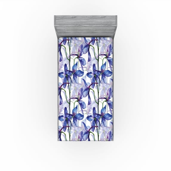 Ambesonne Flower Fitted Sheet, Watercolor Art Iris Flowers, Twin XL Size, Azure Blue Purple and White