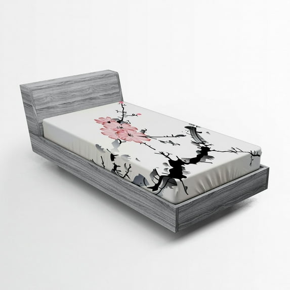 Ambesonne Flower Fitted Sheet, Watercolor Art, Twin Size, Pink Black
