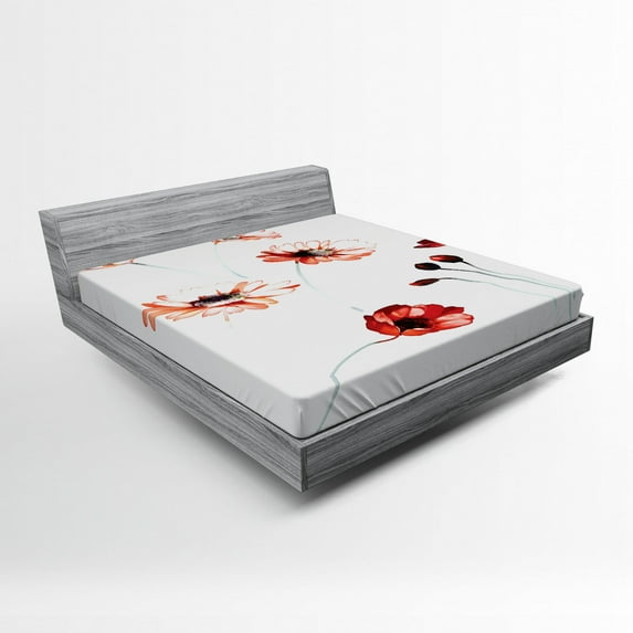 Ambesonne Flower Fitted Sheet, Watercolor Nature, Full Size, Orange White