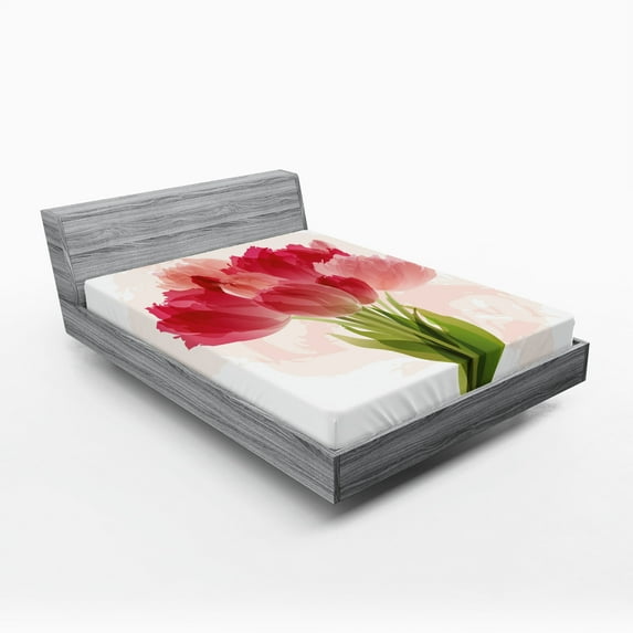 Ambesonne Flower Fitted Sheet, Watercolor Tulip Bouquet, Queen Size, Pink Coral Green