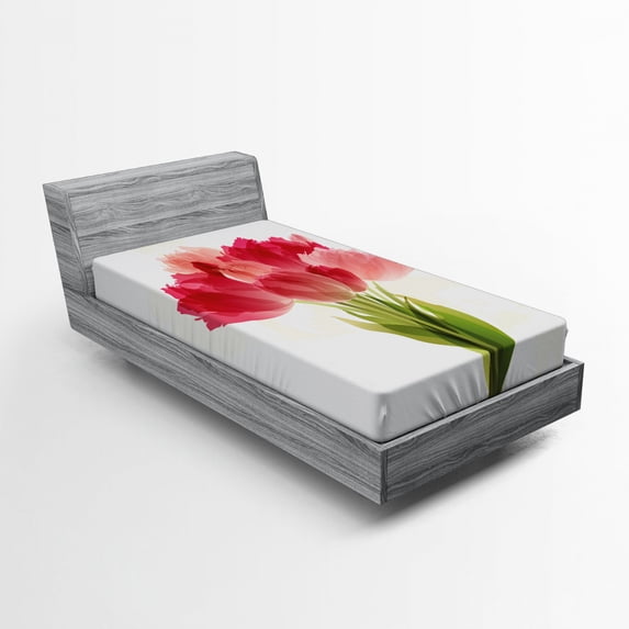 Ambesonne Flower Fitted Sheet, Watercolor Tulip Bouquet, Twin Size, Pink Coral Green