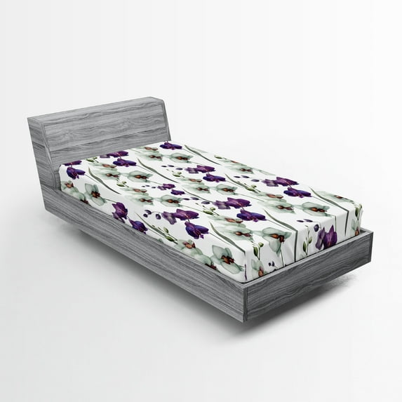 Ambesonne Flower Fitted Sheet, Wild Orchid Bloom, Twin XL Size, Purple White