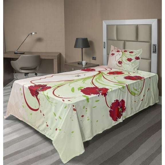 Ambesonne Flower Fitted & Top Sheet Set with Sham, Watercolor Poppy, Green and Red