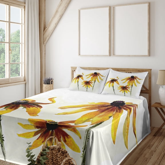 Ambesonne Flower Fitted & Top Sheet Set with Shams, Daisies Garden, Yellow White