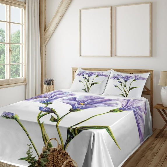 Ambesonne Flower Fitted & Top Sheet Set with Shams, Romantic Summer, White Violet Green
