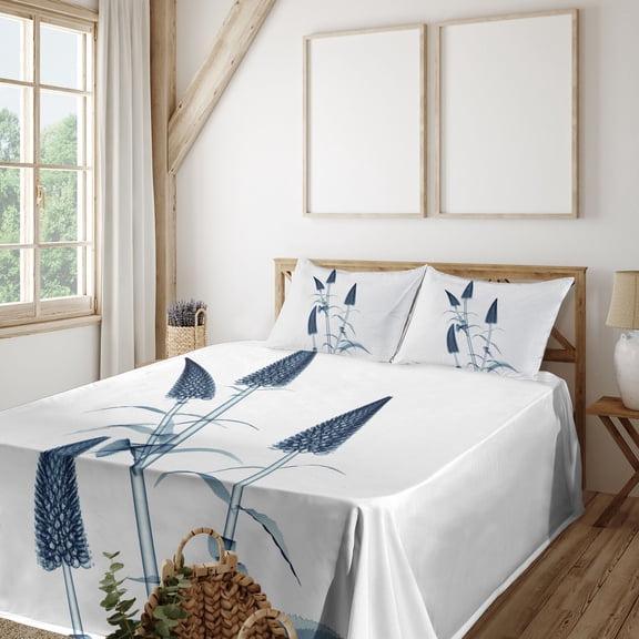 Ambesonne Flower Fitted & Top Sheet Set with Shams, X-Ray View of a Blossom, Teal White