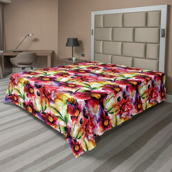 Ambesonne Flower Flat Bedding Sheet Soft Top Sheet, Fine Art Floral Nature Print, Full, Magenta Mustard and Green