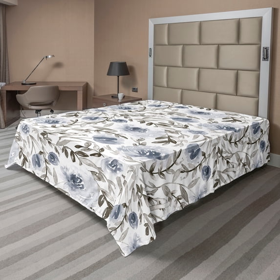 Ambesonne Flower Flat Bedding Sheet Soft Top Sheet, Simple Floral Petals Print, Full, Taupe Grey and Slate Blue