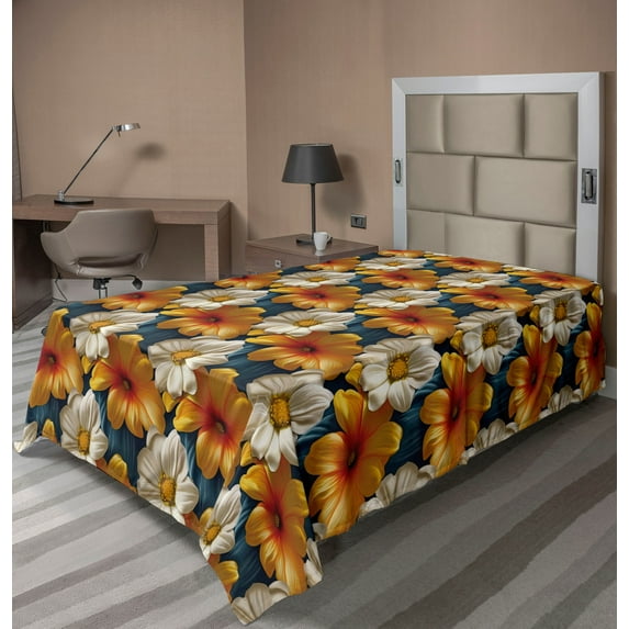 Ambesonne Flower Flat Bedding Sheet Soft Top Sheet, Summer Bold Petals Floral, Twin XL, Slate Blue Orange and Ivory