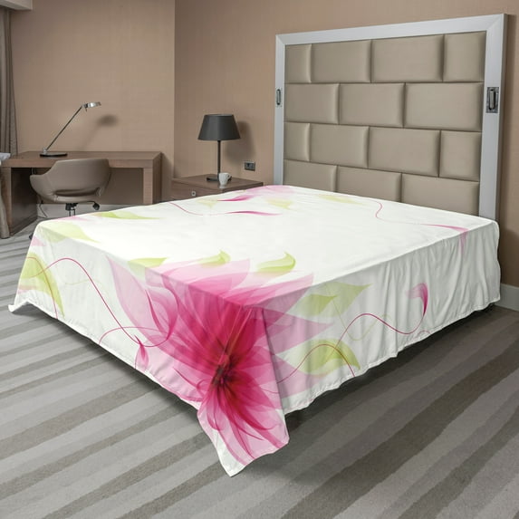 Ambesonne Flower Flat Sheet, Abstract Natural Lotus, King Size, Pink and White