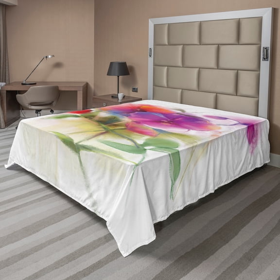 Ambesonne Flower Flat Sheet, Blooming Orchid Pastel, King Size, Multicolor