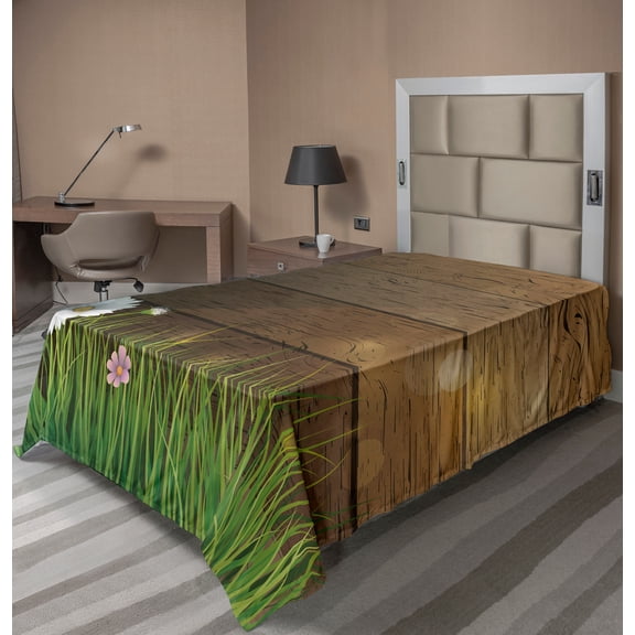 Ambesonne Flower Flat Sheet, Chamomile Field Grass, TwinXL Size, Green Brown