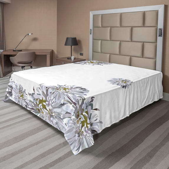 Ambesonne Flower Flat Sheet, Chamomiles Springtime, Full Size, Grey Mustard