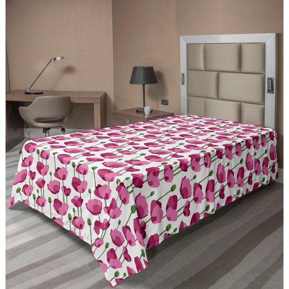 Ambesonne Flower Flat Sheet, Delicate Spring Floral Art, Twin Size, Dried Rose Fern Green