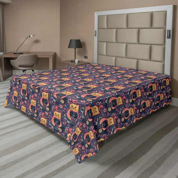 Ambesonne Flower Flat Sheet, Doodle Cat Funky Boho Floral, Full Size, Dark Indigo Multicolor