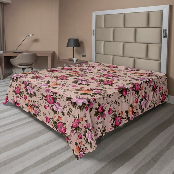 Ambesonne Flower Flat Sheet, Floral Pattern with Rose, Full Size, Tan Pink Dark Green