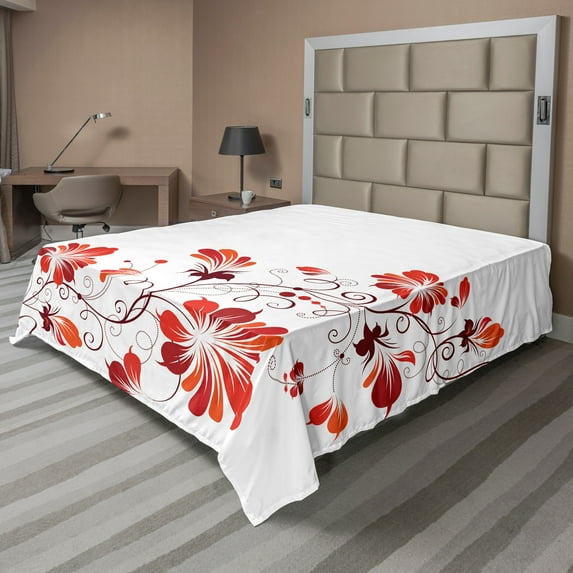 Ambesonne Flower Flat Sheet, Floral Petal Ornaments, California King, Red White