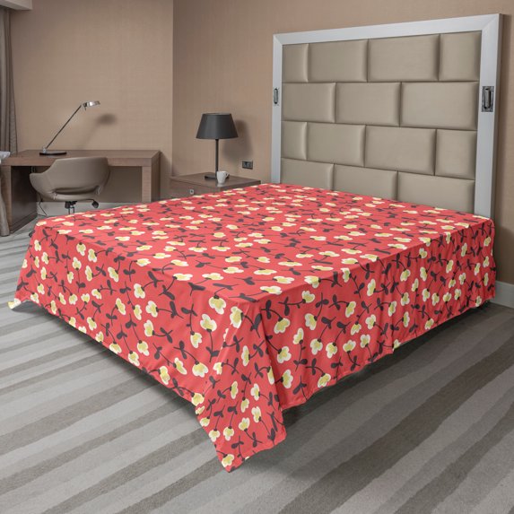 Ambesonne Flower Flat Sheet, Floral Spring Theme, Full Size, Coral Cream
