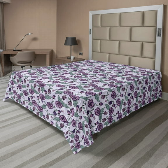 Ambesonne Flower Flat Sheet, Funky Floral Pattern Violet, California King, Pastel Purple and Multicolor