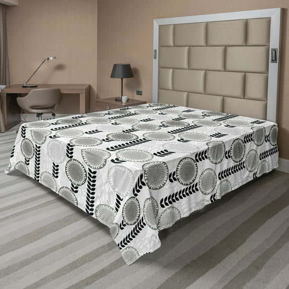 Ambesonne Flower Flat Sheet, Greyscale Spring Bloom, King Size, Grey Pale Grey Black