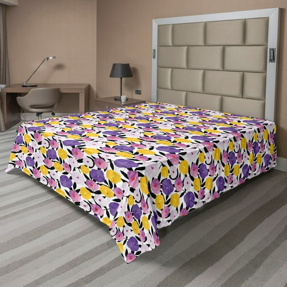 Ambesonne Flower Flat Sheet, Groovy Exotic Fantasy, California King, Multicolor