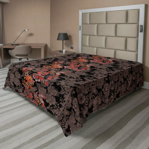 Ambesonne Flower Flat Sheet, Japanese Vivid Florals, California King, Black Orange Mustard