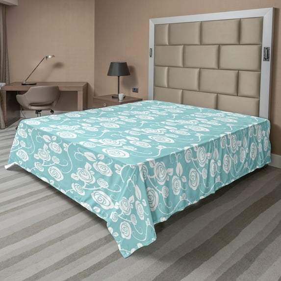 Ambesonne Flower Flat Sheet, Pastel Style Swirling Roses, Queen Size, Pale Turquoise and White