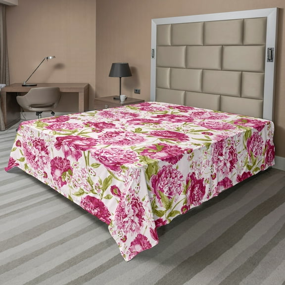 Ambesonne Flower Flat Sheet, Peonies and Leaf Floral, California King, Pink White Olive Green