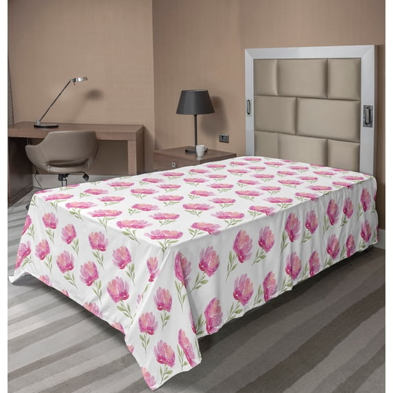 Ambesonne Flower Flat Sheet, Pink Peony Garden, Twin Size, Pale Pink and Pale Green