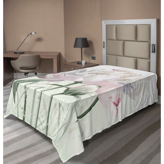 Ambesonne Flower Flat Sheet, Pink Rose Tulip Abstract, Twin Size, White