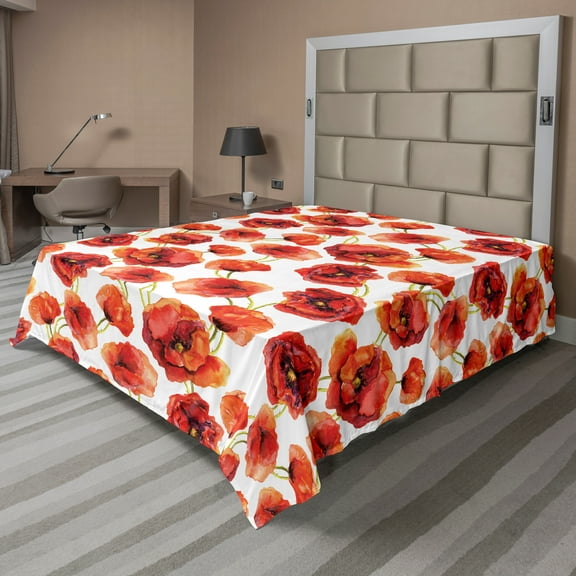 Ambesonne Flower Flat Sheet, Poppies Garden Floral, Full Size, Scarlet White Red